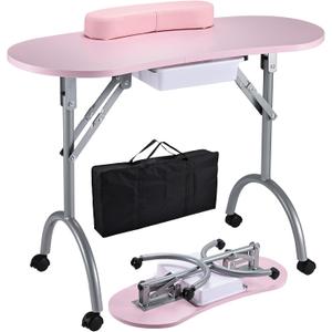 Joligrace Professional Foldable & Portable Manicure Table Nail Technician Desk Workstation 4 Lockable Wheels with Drawer Client Wrist Pad Free Carrying Bag Travel Nail Tech Spa Beauty Table Pink, 40 cm x 90 cm x 68 cm