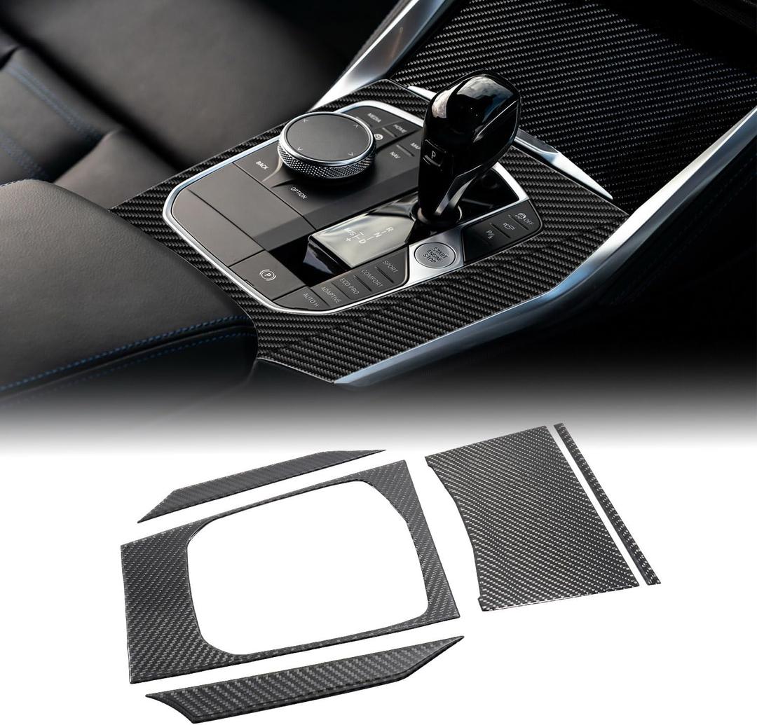 5PCS Real Carbon Fiber Gear Shift Panel Trim Compatible with 20192025 BMW 3 Series G20 & 20212025 BMW 4 Series G22 G23, Interior Decor Sticker Accessories for 330i 430i M340i M440i