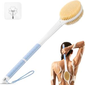 Back Scrubber Body Shower Brush: Anti Slip Long Handle Bath Brush with Stiff and Soft Bristles - Showering Exfoliator Wet or Dry Brushing for Women, Men, Elderly (Blue) (18.1 in-Blue)