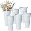 vensovo 9" Tall Galvanized Flower , 6 Pcs French Metal Vases with Handles, Tabletop Rustic Floral Buckets for Dried Flowers, Wedding Flower Bar & Home Decor, Distressed White