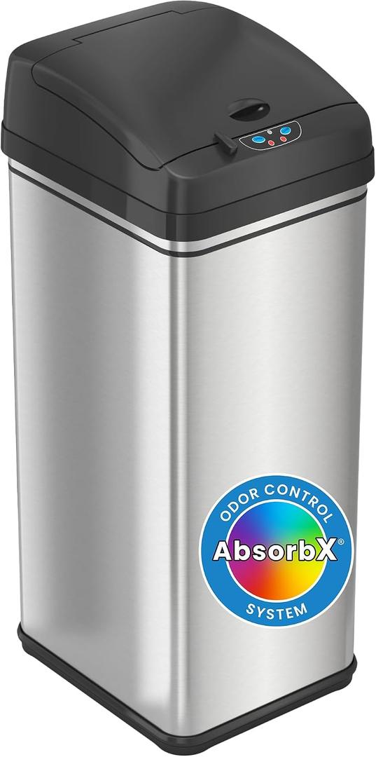iTouchless 13 Gallon Patented Sensor Trash Can with Lid & Odor Filter, Original Inventor 50L Automatic Kitchen Garbage Bin, Fingerprint-Proof Stainless Steel, Pet-Proof Lock, Soft-Close, Silver