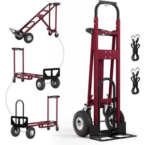 4 in 1 Convertible Hand Truck, Heavy Duty Alloy Steel Folding Dolly Cart with Wheels, 1000 LBS Capacity with 10" Solid Tires & Tie-Down Straps for Warehouse, Luggage Moving, Freight Handling