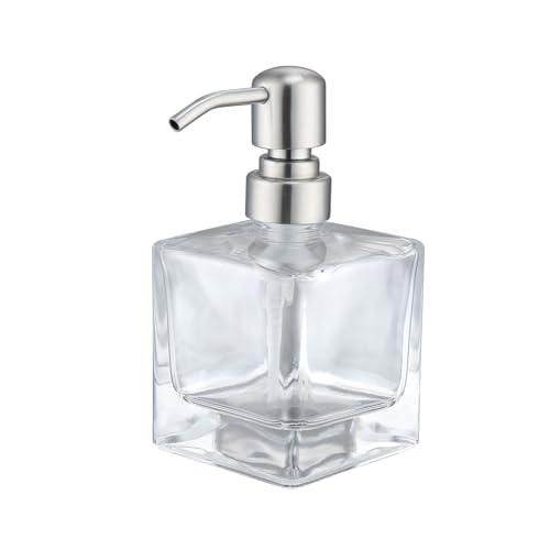RZOEOX Hand Soap Dispenser Square with Brushed Nickel Pump, 8.4 oz Liquid Clear Glass Soap Dispenser with Stainless Steel Pump for Dish Soap Bathroom Kitchen Vanity Countertop