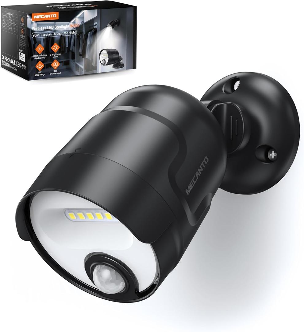 Battery Operated Motion Sensor Light Outdoor, 4000mAh Rechargeable 600 Lumen Battery Powered Spotlight Outdoor Waterproof for Porch, Garage, House (Non-Solar) (Black)