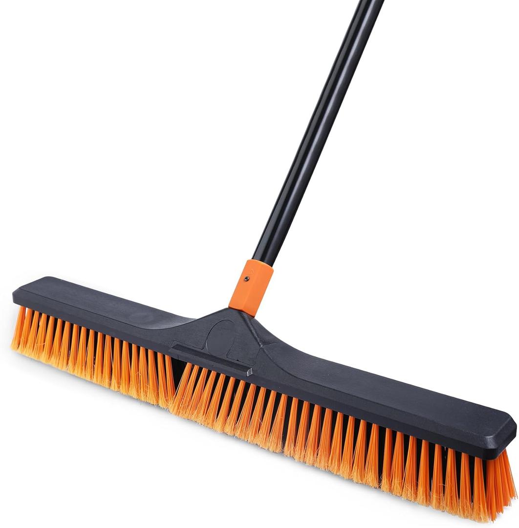 24Push Broom Brush for Floor Cleaning with 65 Long Handle and Stiff Bristles, Heavy Duty Brush for Shop, Deck, Garage, Concrete,Indoor and Outdoor Broom,Orange