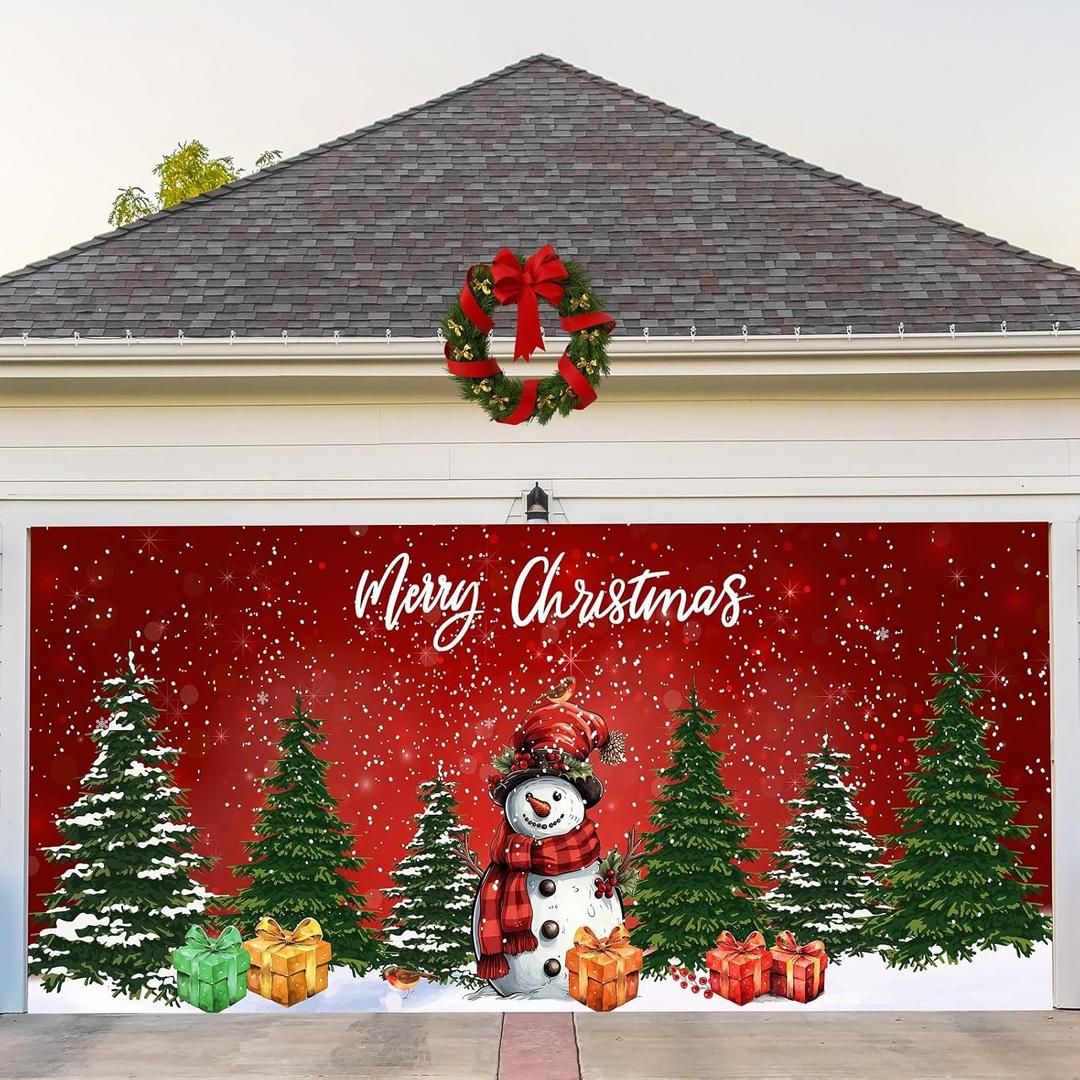 COSEVIER Christmas Garage Door Cover Banner, Red Snowman Forest Festival Large Hanging Backdrop, Merry Christmas Xmas Garage Wall Decorations for Holiday Party Dcor, 7x16 FT