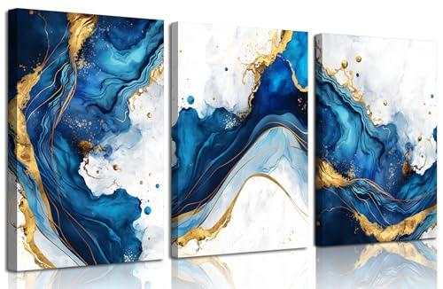 3Pcs Blue Gold Abstract Canvas Wall Art Modern White Blue Gold Foil Wall Decor Pictures Navy Blue and Gold Luxury Marble Posters Prints for Living Room Bedroom Home Decoration 12x16in