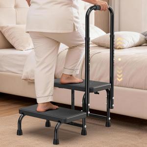 Suteck 2 Step Stool with Handle for Elderly - 6 Legs Welded Frame 10 Adjustable Height Safety Step Stool for Adult, Non-Slip for Bathroom, Bedside, Kitchen & RV Use, 450LBS, Black