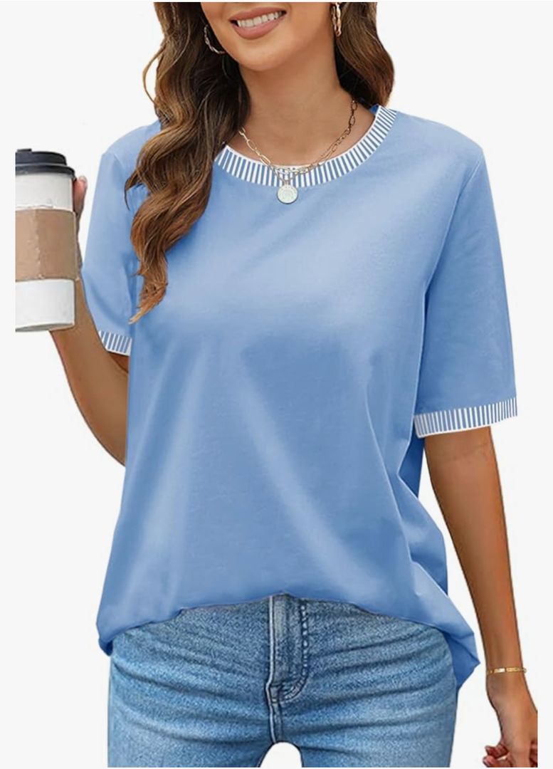 Women's 2025 Short Sleeve Striped Color Block T Shirts Crewneck Loose Casual Tee Tops, L