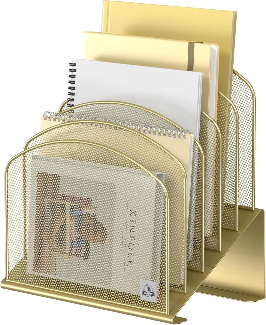 Inclined Desk File Organizer,Vertical File Folder Holder Stand Metal Rack File Sorter for Office Classroom Desktop Organization (1Pack, Gold)