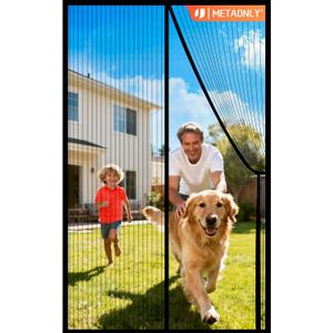 METAONLY Magnetic Screen Door Mesh Fits 30" x 80" Door - Curtain Size 32" x 82", Works for Patio, Sliding Door, Keeps Bug Mosquito Out, Fresh Air Flow, Black with Stay-Open Straps
