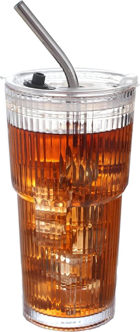 MNZZ 16oz Glass Tumbler with Lid and Straw, Reusable Iced Coffee Cup for Cold Drinks, Smoothie and Tea, Clear Drinking Cup for Home or Office Use