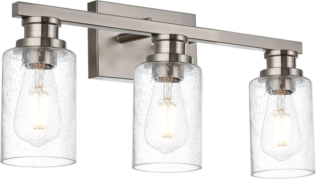 Bathroom Lighting Fixture in Brushed Nickel Finish,3 Light Wall Mounted Light with Seeded Glass Shade Indoor Metal Base Vanity Lights for Porch Workshop