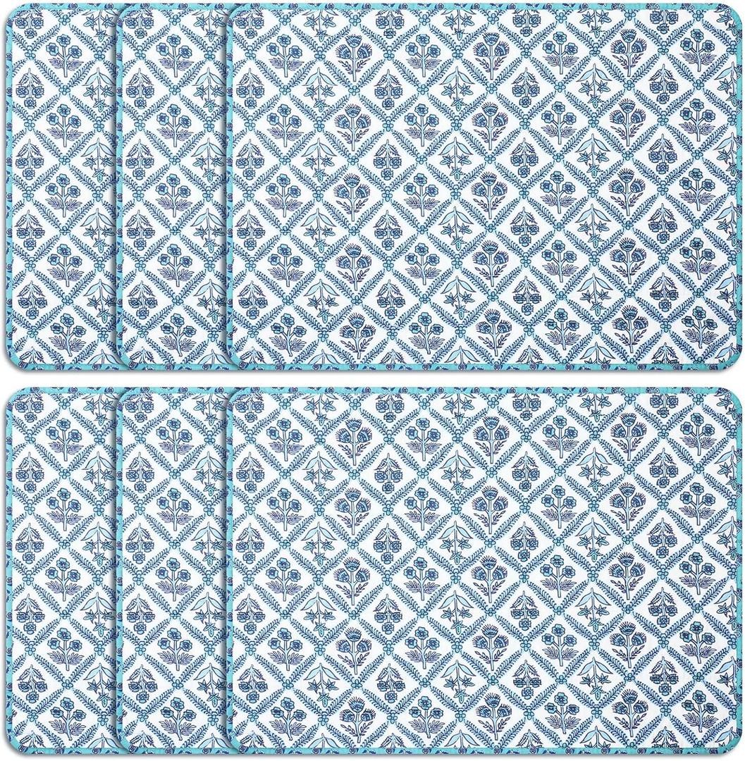 Beeveer 6 Pcs India Block Printed Floral Quilted Placemats 14.5 x 20 Inches Blue Flowers Rectangular Placemats for Kitchens, Dining Table Decorations, Parties, Weddings, Restaurants, Spring, Summer