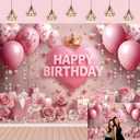 Pink Happy Birthday Backdrop Rose Gold Floral Heart Crown Balloon Elegant Photography Background Girls Princess Women Birthday Baby Shower Party Decor Banner Photo Supplies (8x6FT)