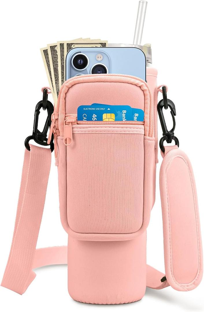 Water Bottle Carrying Bag with Pocket for Stanley & Simple Modern 40oz Tumbler with Handle, Water Bottle Holder with Pouch, Adjustable Strap Carabiner for Stanley Cup Accessories for Travel Walk Camp