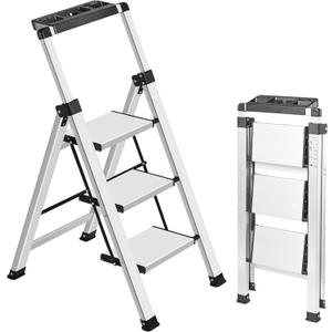 XinSunho 3 Step Ladder, Retractable Handgrip Folding Step Stool Ladders with Anti-Slip Wide Pedal, Aluminum 3 Steps, 330lbs Safety Household Ladder (Silver)