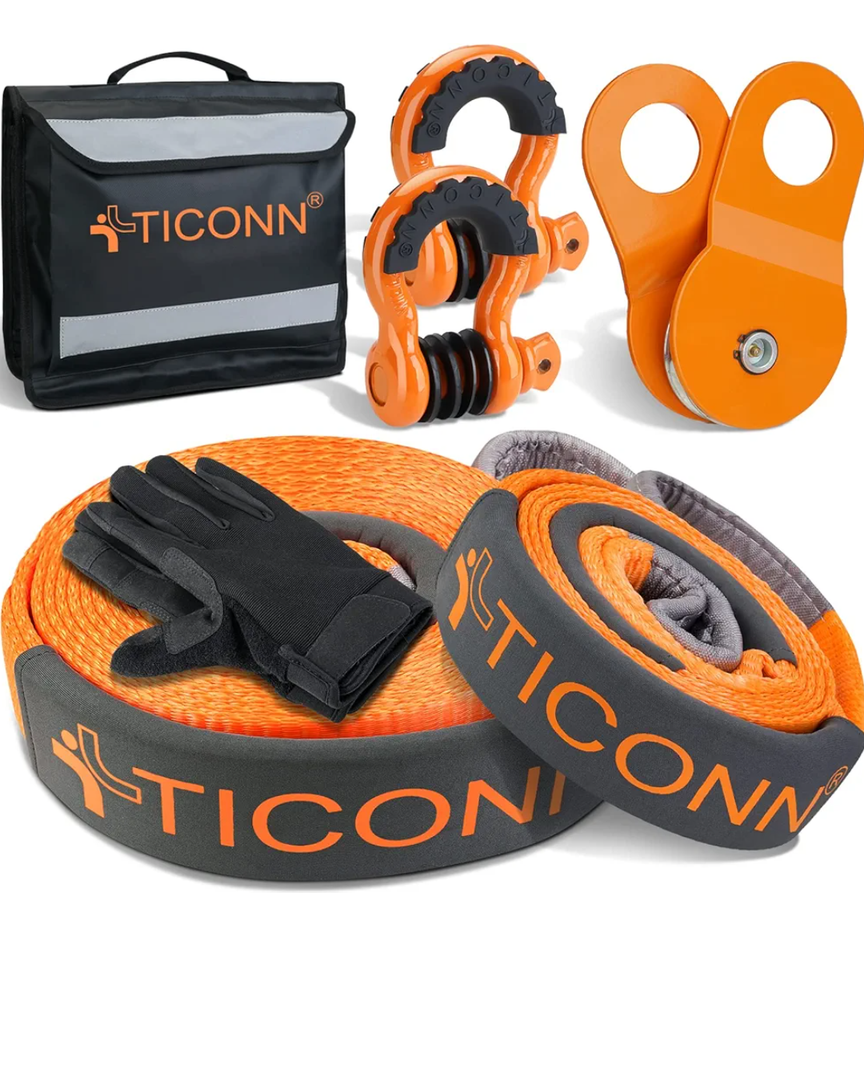 TICONN 3''x20' Recovery Tow Strap, Break Strength 35,000 lbs Tested Tree Saver, Triple Reinforced Webbing and Loop Straps Kit, Winch Snatch Strap (20' Recovery Deluxe Combo)
