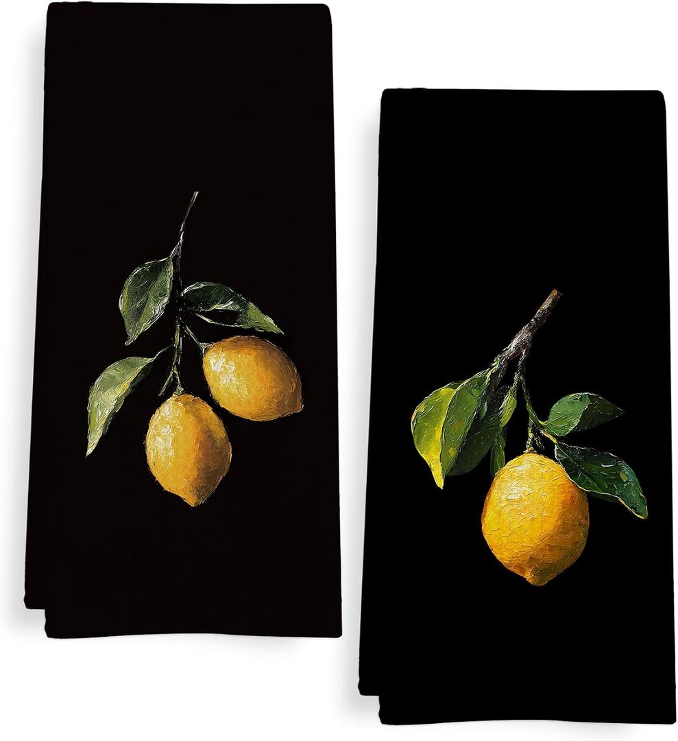 Lemon Kitchen Towels Set of 2, Lemon Kitchen Decor, Dark Moody Lemons Dish Tea Towels for Kitchen, Lemons Decorative Hand Towel for Farmhouse Bathroom, 16x24 Inch
