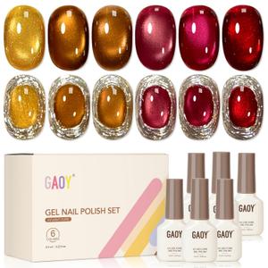 GAOY Glitter Cat Eye Gel Nail Polish Set with Magnet, 6 Colors Gold Red Brown Glitter Gel Holography, Long Lasting for Nail Art at Home & Salon Manicure