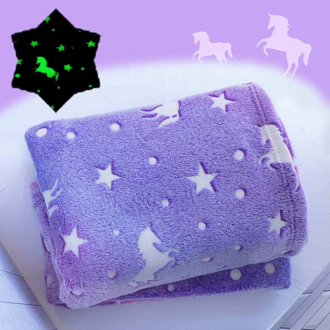 Unicorn Throw Blankets Glow in The Dark Soft Throw Blanket for Girls Boys with Storage Bag, Gifts for Holiday Birthday, Kids Blanket, Day Care Home Travel Use, 50"x60" Purple