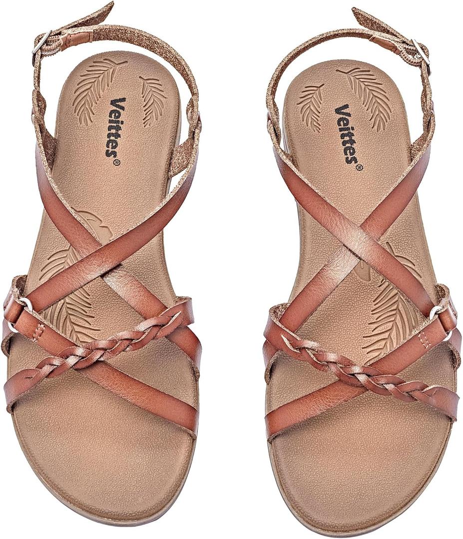 Veittes Women's Flat Slide Sandals-Adjustable Double Elastic Bands,Crossover Straps,Fashion Casual Summer Flat Sandals. (11, Vt2207023light Brown)