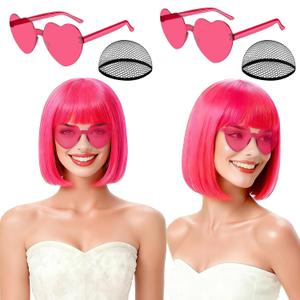 2 Pack Hot Pink Neon Bob Wig with Heart Sunglasses for Women, Colorful Short Bob Wigs with Bangs Synthetic Hair for Cosplay Music Festival Bachelorette Party Fancy Dress Photography