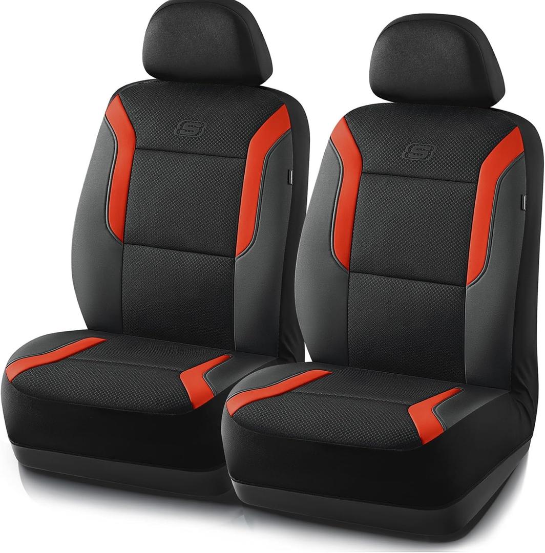 Skechers Memory Foam Leather Car Seat Covers, Air Cool Mesh Thick Seat Covers, Slip-ins Front Seat Cover, Airbag Compatible, Automotive Comfort for Most Cars, Vans, Trucks, SUV,Orange (Black and Orange)