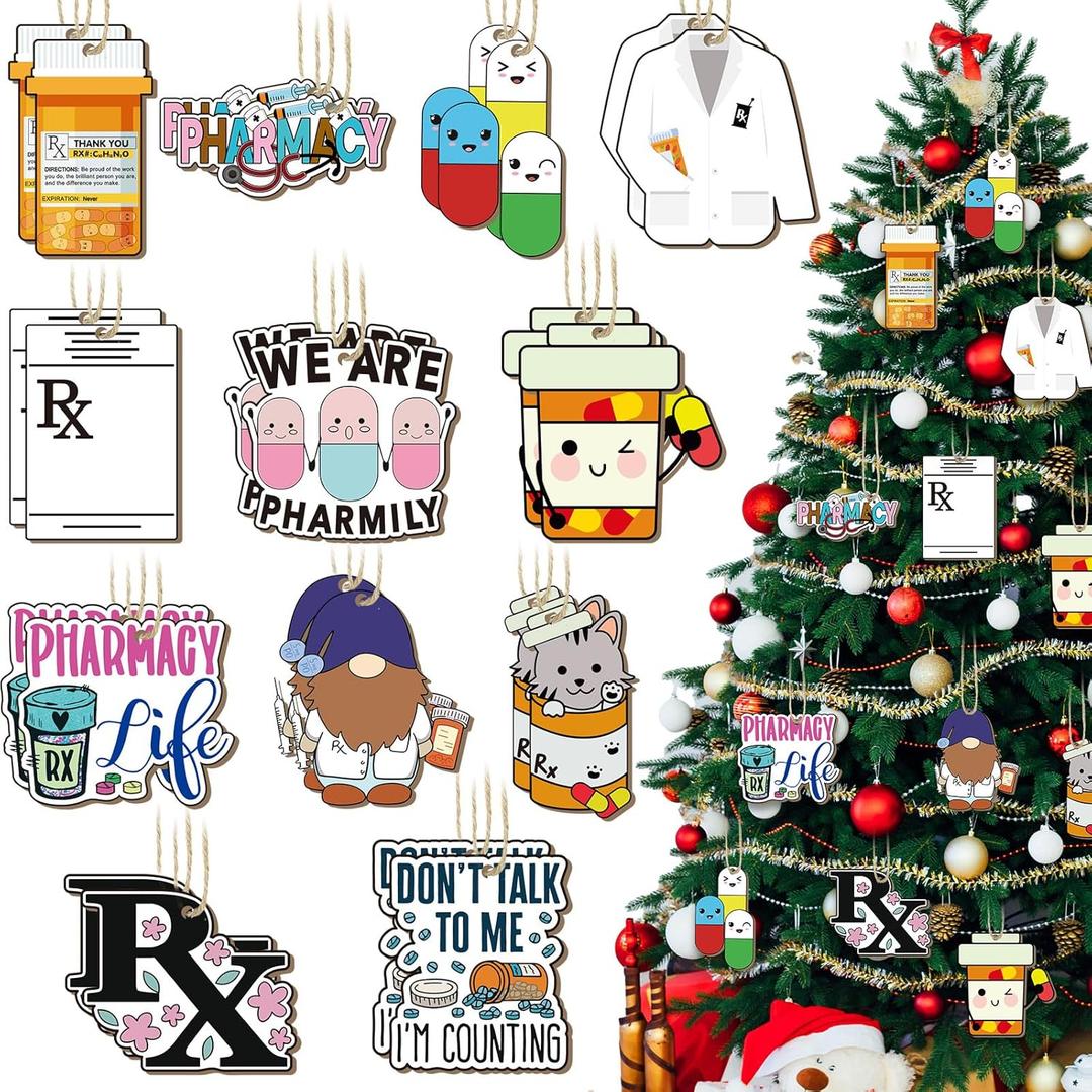 24 Pcs Pharmacy Christmas Ornaments Pharmacy Tech Week Appreciation Gifts Nurse Wood Hanging Decor for Coworker Pharmacist Doctor Assistant