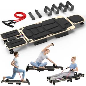 Pilates Board Reformer for Home Workout, 5-in-1 Pilates Equipment with Dual & Split Foot Pads, Smooth Sliding Rail System, Adjustable Headrest for Heights 3'7"–6'3", Core & Full-Body Training