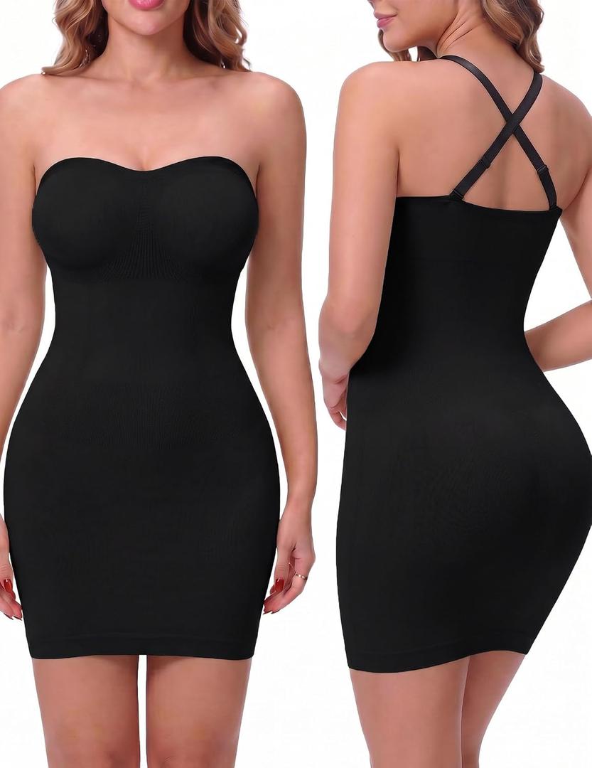 Strapless Shapewear Slip for Women, Tummy Control Bulit-in Bra Full Shapewear Dress Slip, Seamless Body Shaper (Black, L)