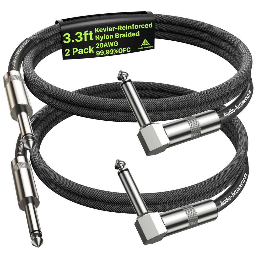 Right Angle Guitar Cable 3.3ft 2 Pack, Nylon Braided Anti-Kinking Kevlar-Reinforced, 20 AWG 99.99% OFC 1/4 Instrument Cable, AL & OFC Shielded Guitar Cord for Fender Electric Guitar (Black)