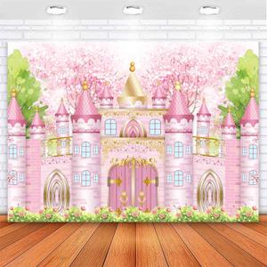 Princess Castle Birthday Backdrop Pastel Watercolor Pink Royal Castle Photography Background Fairy Tale Girl Birthday Party Decorations Supplies Cake Table Banner Photo Booth Props 7x5ft