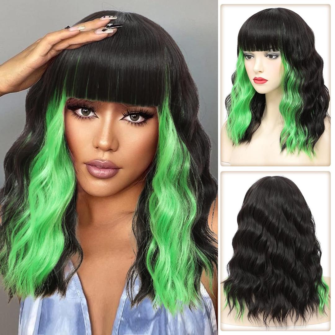 Black Wavy Bob Wig With Green Highlight, 14 Inches Short Synthetic Hair for Women, Cosplay Halloween Party Use (HL Green)