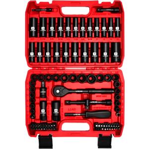 LLNDEI 3/8Drive Impact Socket Set,Standard SAE(5/16 to 3/4-Inch) Metric Size(8-22mm), 95 Piece, CR-V Steel Deep&Shallow Kit, Adapters, Ratchet Handle, Screwdriver Bit Set, Spark Plug Socket, 6 Point