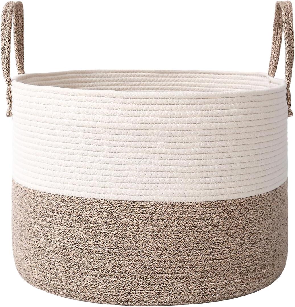 JMvicyroam 65L Extra Large Blanket Basket for Living Room - Woven Cotton Rope Laundry Hamper with Reinforced Handles - Storage Bin for Pillows, Comforters & Toys - Machine Washable,White&Brown