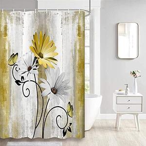VeiVian Rustic Farmhouse Shower Curtain, Farm Yellow Daisy Floral Flowers and Butterfly on Country Wooden Shower Curtain for Bathroom, Yellow Bathroom Shower Curtains with 6PCS Hooks, 36X70IN