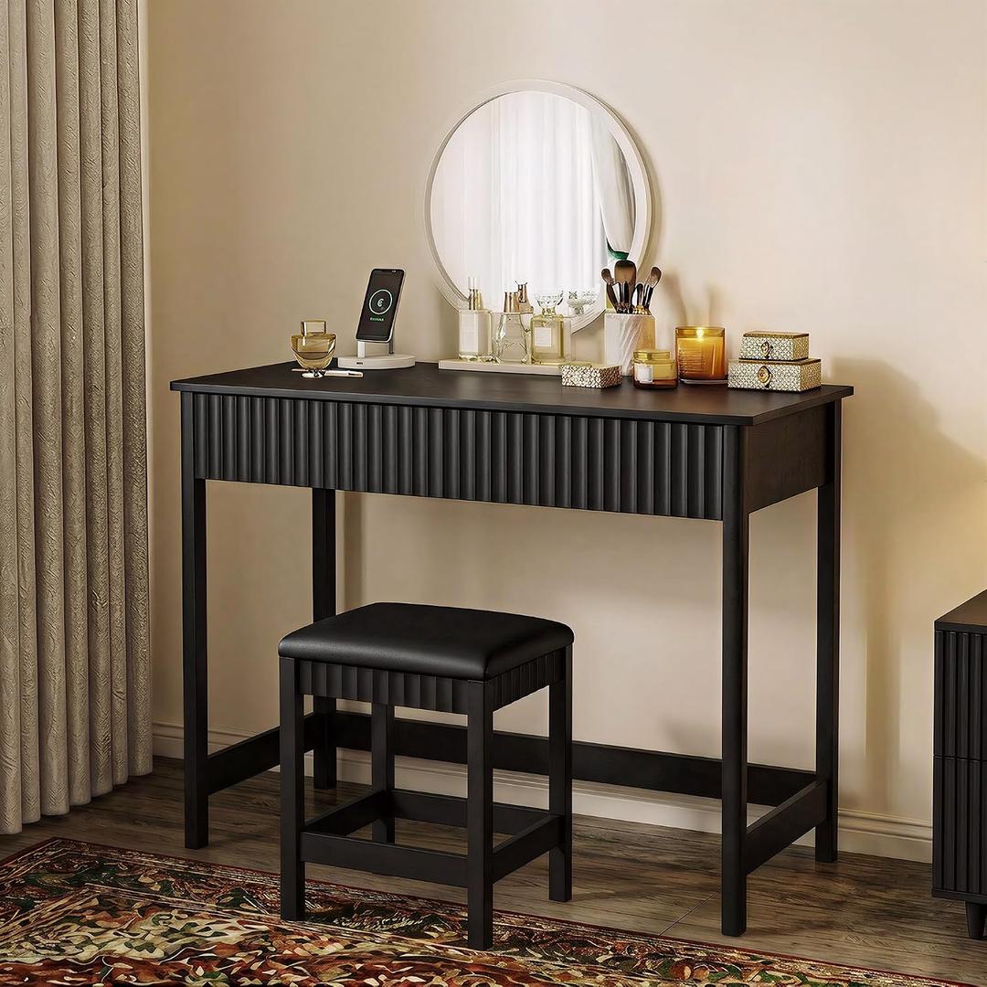 ChooChoo 47.2 Inch Modern Desk with Drawers, Makeup Vanity Desk with Padded Stool, Writing Computer Desk for Home Office & Bedroom, Black, 47.24in