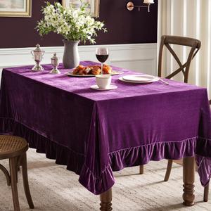 MIULEE Velvet Table Cloth with Decorative Ruffle Edge Luxurious Soft Washable Rectangular Tablecloth Thick Wrinkle-Resistant Oblong Table Cover for Kitchen Dining Party Wedding 60x120 Inch, Purple