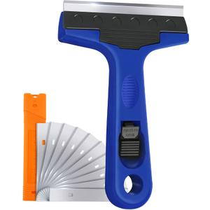 Razor Blade Scraper, 4" Scraper Tool with 10 Extra Replacement Metal Blades, Razor Scraper Remover for Cleaning Paint, Caulk, Adhesive, Label, Decal, Sticker from Window, Glass, Tile, Floor, Stove Top