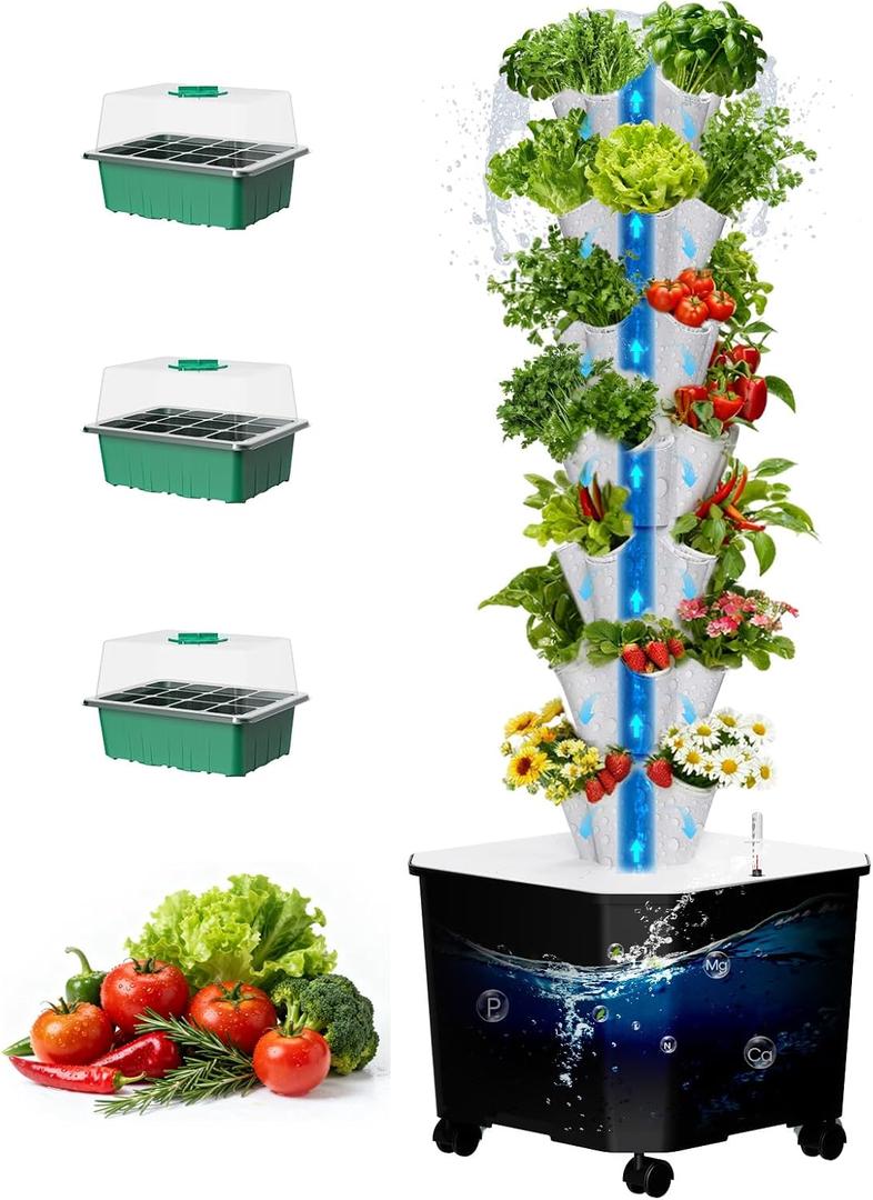Vertical Hydroponic Tower Garden，35 Pods 7-Layer Indoor Outdoor Growing System with Smart Timer,3 Seed Starter Tray.Water Pump-BPA-Free Modular ，for Hydroponic Gardening Lovers Planting Vegetables
