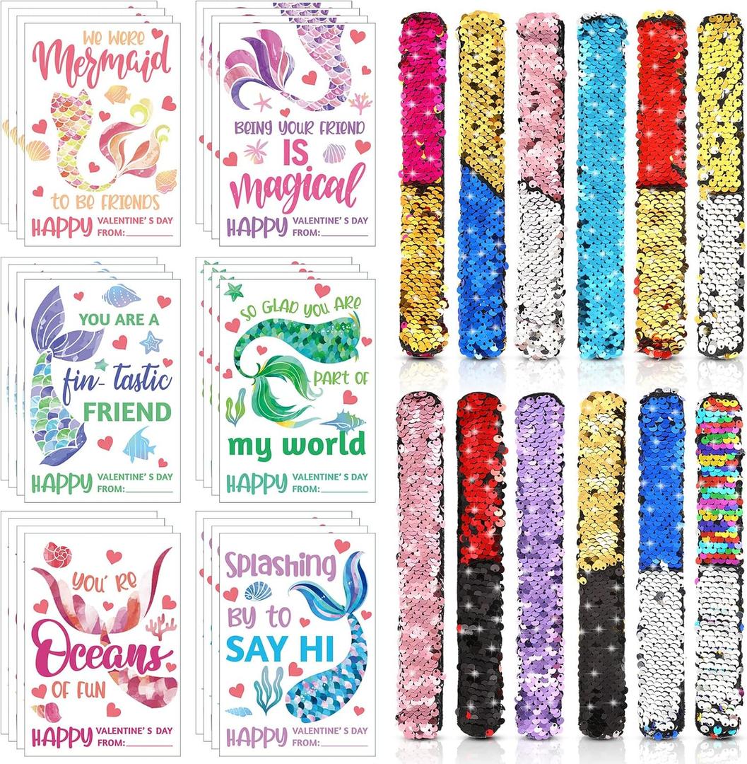 Hanaive 24 Pack Valentines Day Mermaid Sequin Slap Bracelets for Kids with 24 Mermaid Cards Reversible Sequins Slap Bracelets Wristbands for Valentines Undersea Birthday Party Favor Classroom Prizes