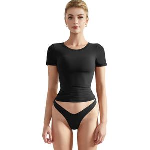 SUUKSESS Women Double Lined Fitted Basic Tee Crew Neck Short Sleeve Y2K Crop Top (Medium, Jet Black)