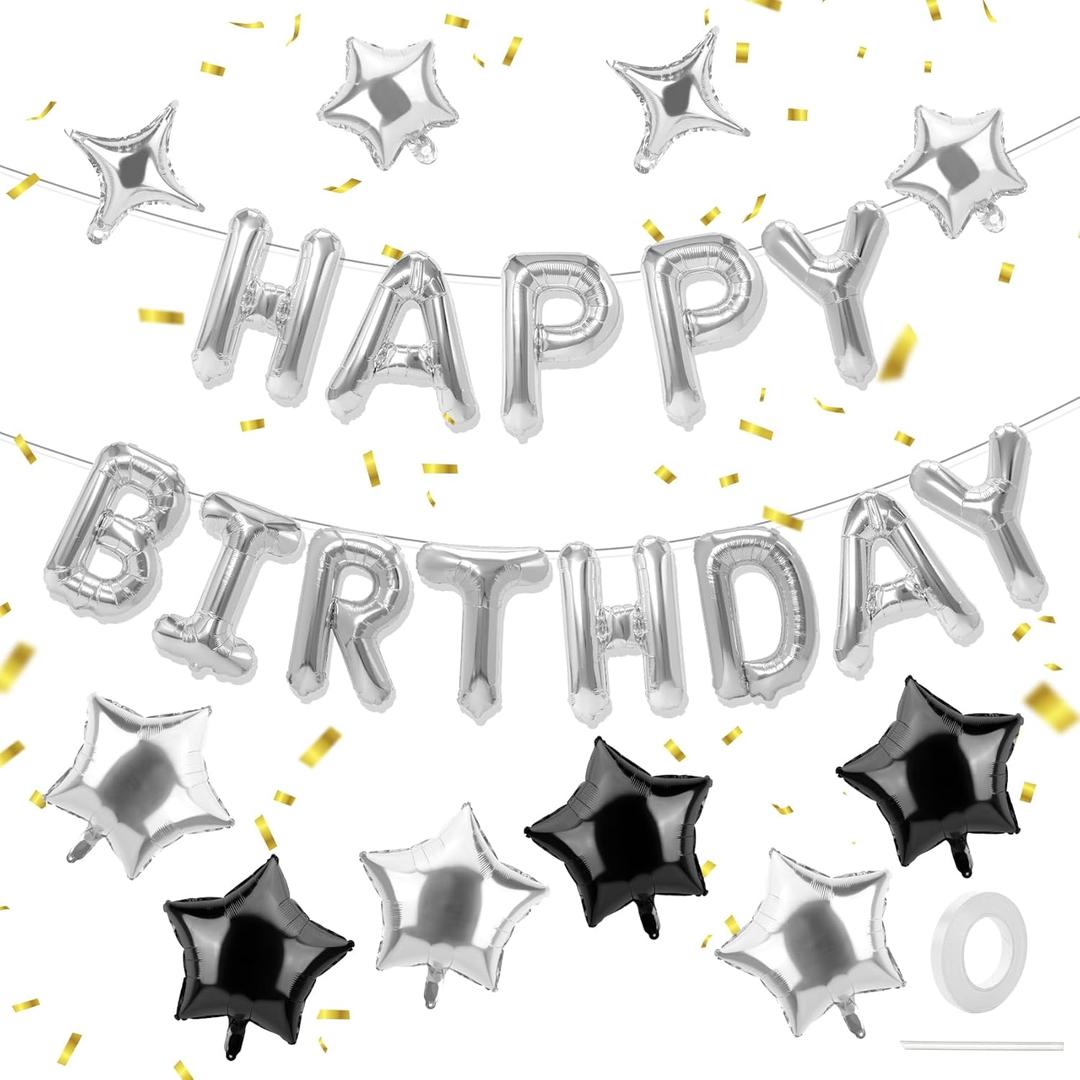 13 PCS Silver Balloon Banner, 16 Inch Foil Letter 'Happy Birthday' with 12pcs Star Balloons