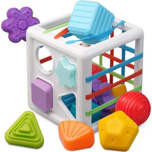 LiKee Montessori Toys for 1+ Year Old, Shape Sorter Baby Toys for Boys Girl Birthday Gift, Colorful Infant Toddler Toy, 10pcs Sensory Blocks Developmental Learning &Fine Motor Skill 18+ Month (Cube)