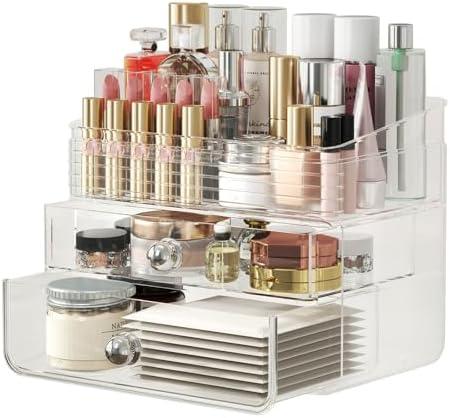 LAMU Makeup Organizer with Large Drawers, Bathroom Counter Skincare Organizer for Vanity,Storage Box with Handle, Cosmetic Display case for Vanity Countertop, Skincare Perfume Storage, Clear