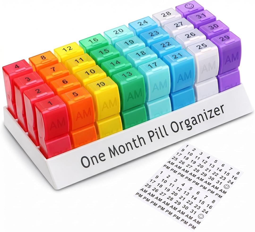 CAidRE Ultra-Compact Monthly Pill Organizer AM PM, 31 Day Pill Box 2 Times a Day for Small Pills, Portable Travel Vitamin Case with Detachable Daily Compartments, DIY Number Labels, Frosted Matte (Translucent Multi-colored)