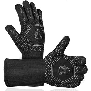 HAMITOR BBQ Grill Gloves Heat Resistant: 1472 High Temp Resistance Fireproof Glove for Grilling Smoking Barbecue - Washable Long Oven Mitts Extreme Hot Proof Mitts for Kitchen Cooking Baking (Black)