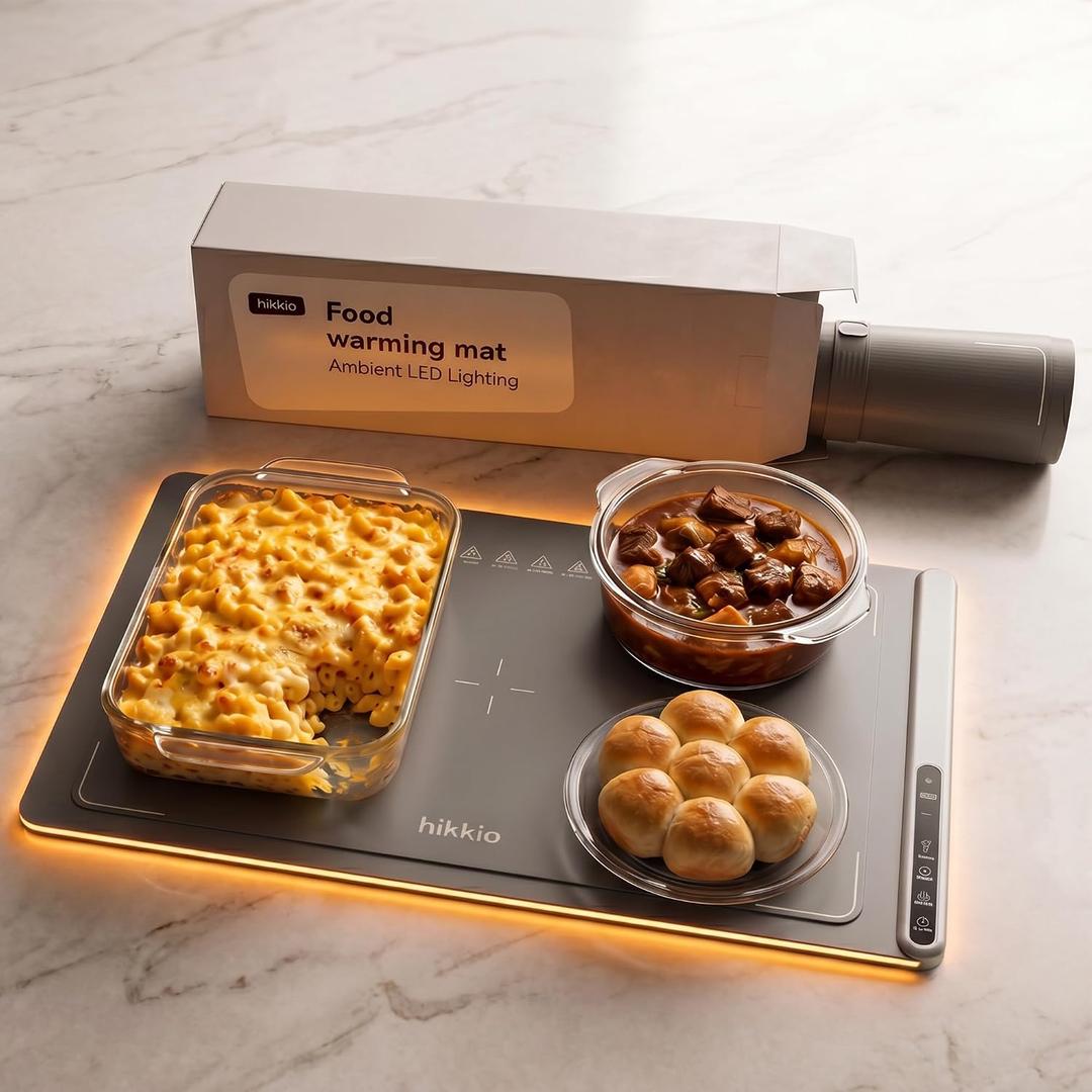 LED Electric Warming Mat for Food 26”x17”, Portable Food Warming Mat for Countertop with Adjustable Temperature & Timer, Fast Even Heating Roll-Up Silicone Pad for Buffet, Dinners