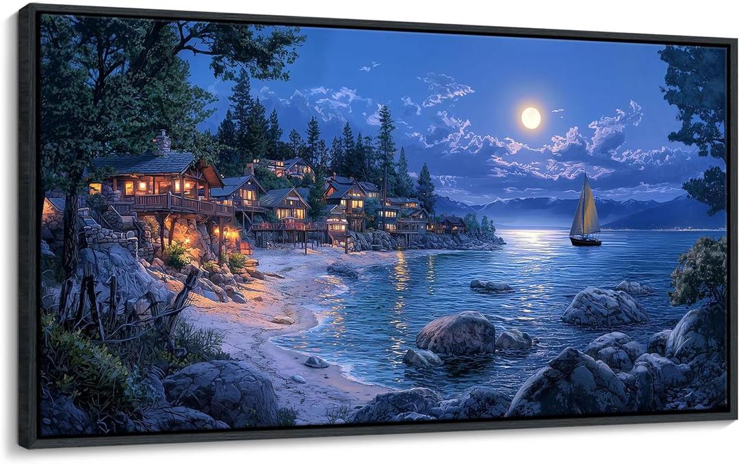 CHATYOUNG Beach Framed Wall Art - Large 24x48 IN Dark Blue Ocean Town Calm Moon Night Scenery Pictures Canvas Print Coastal Wall Paintings for Bedroom Living Room Kitchen Home Office Decor